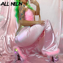 Load image into Gallery viewer, Pink Slim High Waist Pants with Feather