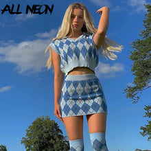 Load image into Gallery viewer, Plaid Knitted Co-ords Set Sleeveless Tank Tops and Mini Skirt
