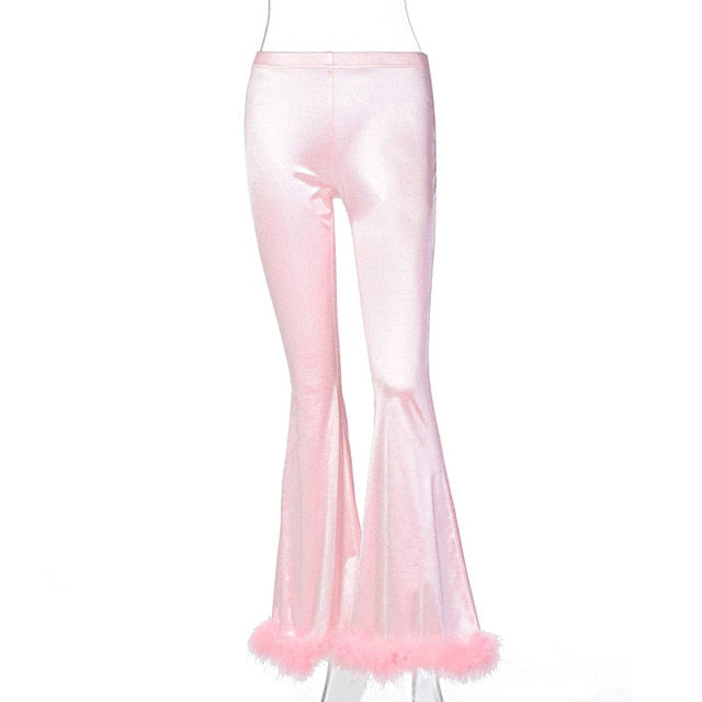 Pink Slim High Waist Pants with Feather