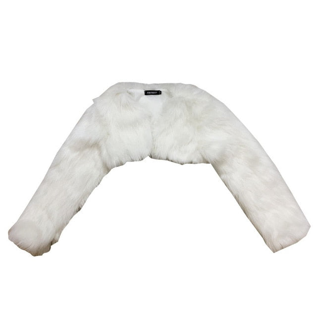 Furry Retro Short Coat and Faux Fur Mini Skirt 2pcs