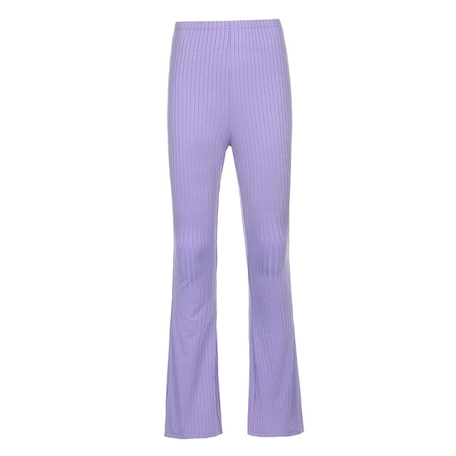 Purple Ribbed Flare Pants High Waist